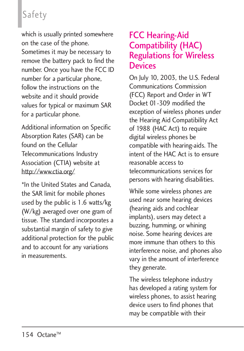 Fcc hearing-aid compatibilit, Safety | LG Octane VN530 User Manual | Page 156 / 345