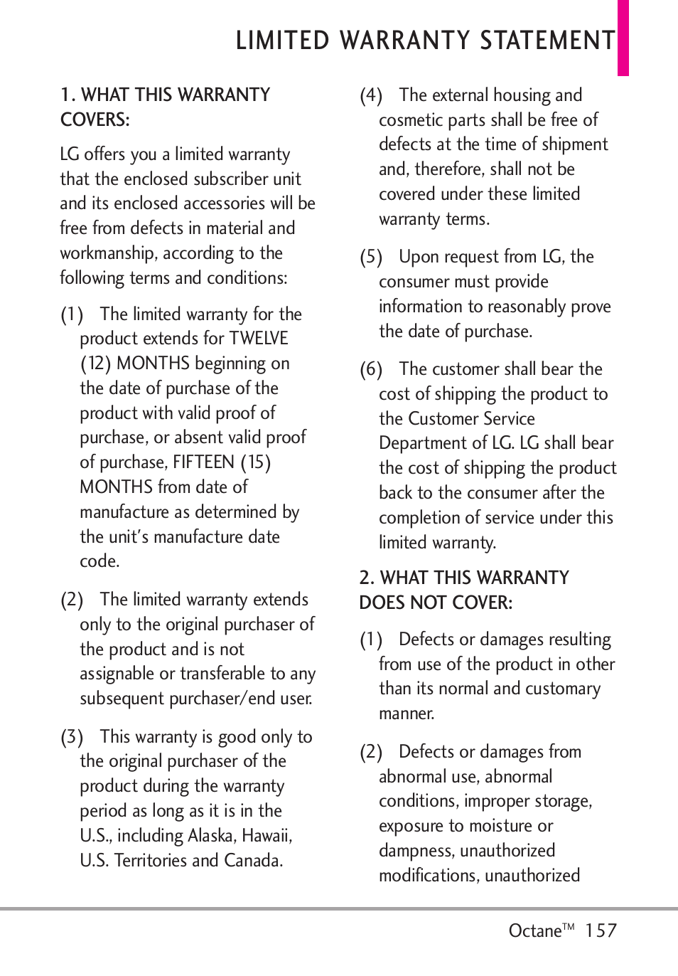 Limited warranty statement | LG Octane VN530 User Manual | Page 159 / 345