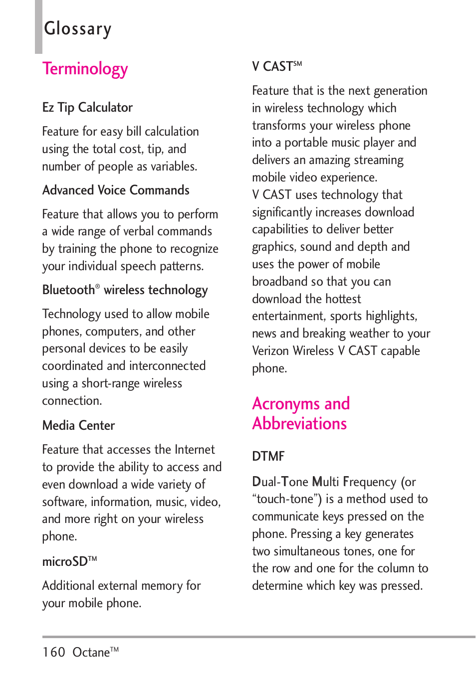 Glossary, Terminology, Acronyms and abbreviations | Terminology acronyms and abbreviations | LG Octane VN530 User Manual | Page 162 / 345