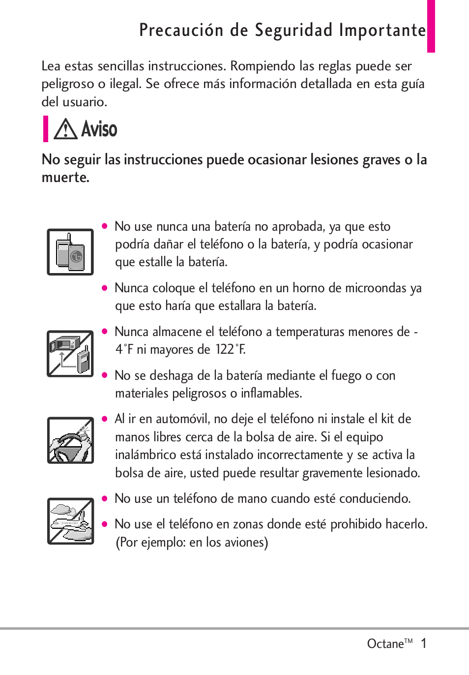 Precaución de seguridad impo, Precaución de seguridad importante | LG Octane VN530 User Manual | Page 167 / 345