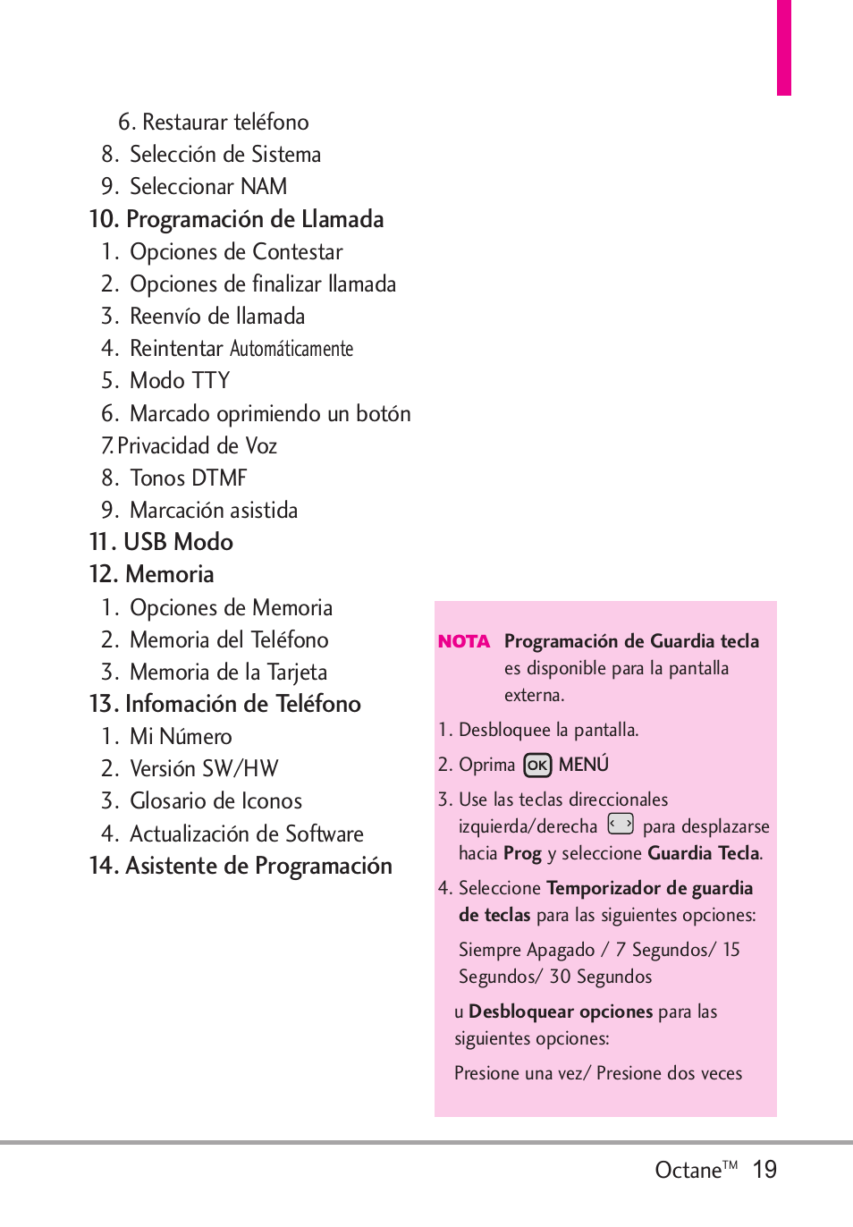 Programación de llamada, Infomación de teléfono, Asistente de programación | LG Octane VN530 User Manual | Page 185 / 345