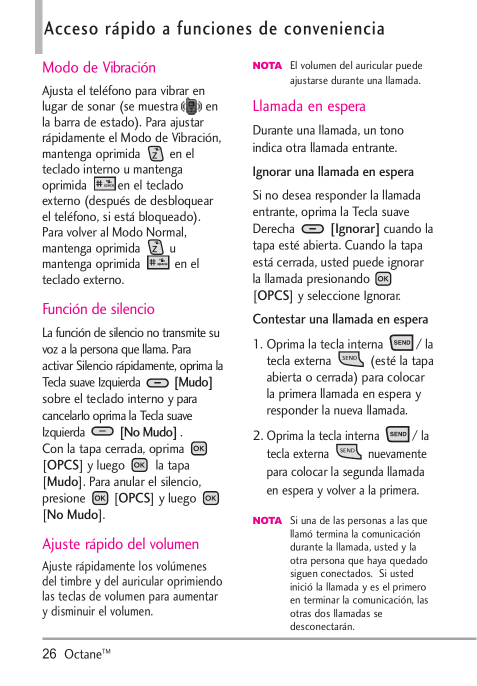Acceso rápido a funciones d, Modo de vibración, Función de silencio | Ajuste rápido del volumen, Llamada en espera, Acceso rápido a funciones de conveniencia | LG Octane VN530 User Manual | Page 192 / 345