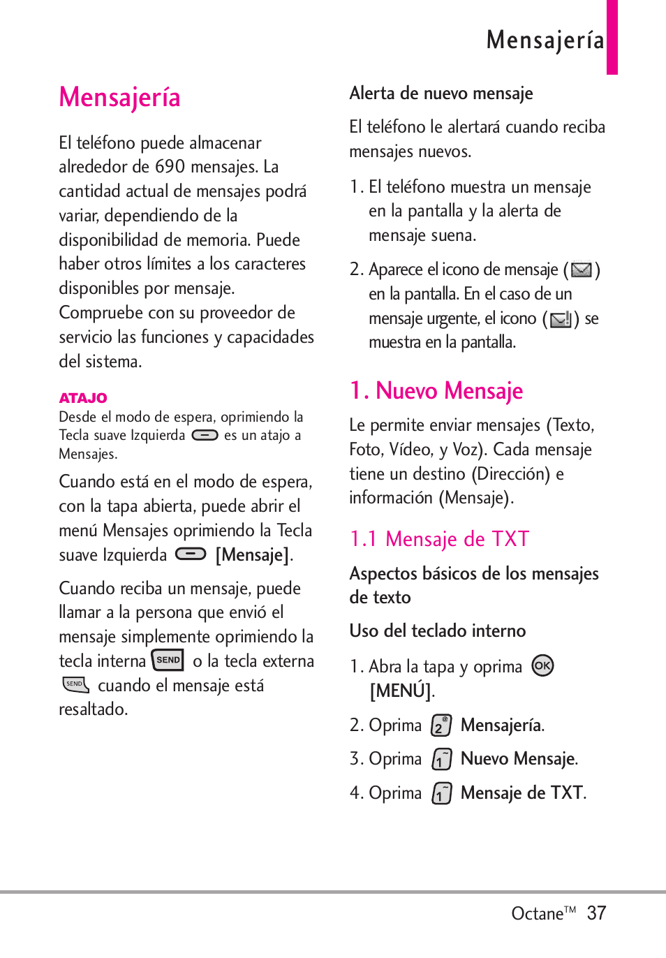 Mensajería, Nuevo mensaje, 1 mensaje de txt | LG Octane VN530 User Manual | Page 203 / 345
