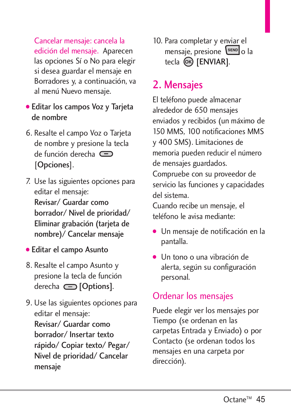 Mensajes, Ordenar los mensajes | LG Octane VN530 User Manual | Page 211 / 345