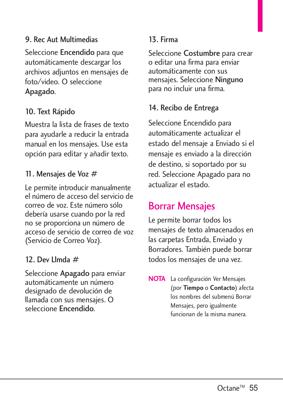 Rec aut multimedias, Text rápido, Mensajes de voz | Dev llmda, Firma, Recibo de entrega, Borrar mensajes | LG Octane VN530 User Manual | Page 221 / 345
