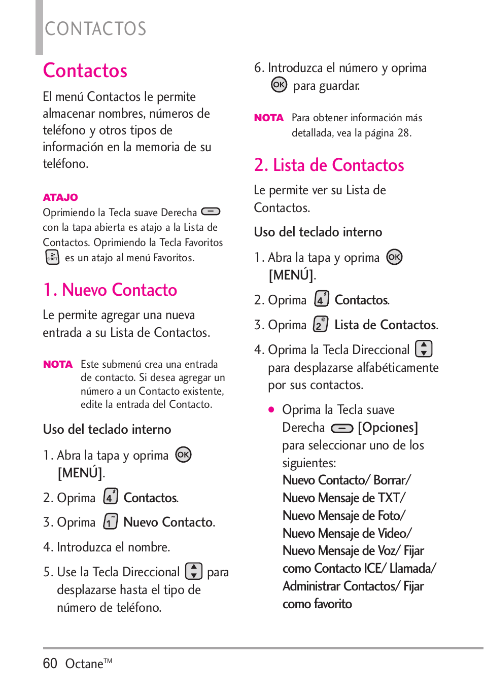 Contactos, Nuevo contacto, Lista de contactos | Nuevo contacto 2. lista de contactos | LG Octane VN530 User Manual | Page 226 / 345
