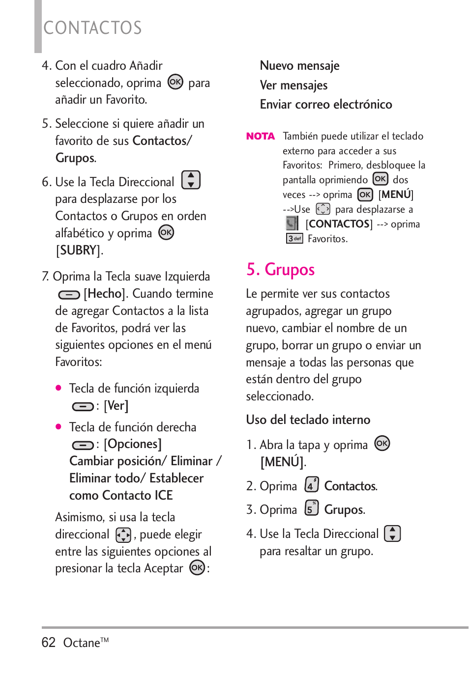 Grupos, Contactos | LG Octane VN530 User Manual | Page 228 / 345