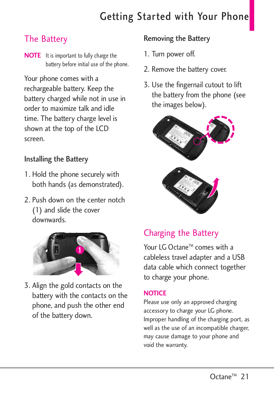 Getting started with your phone, The battery, Installing the battery | Removing the battery, Charging the battery, Installing the battery removing the battery | LG Octane VN530 User Manual | Page 23 / 345