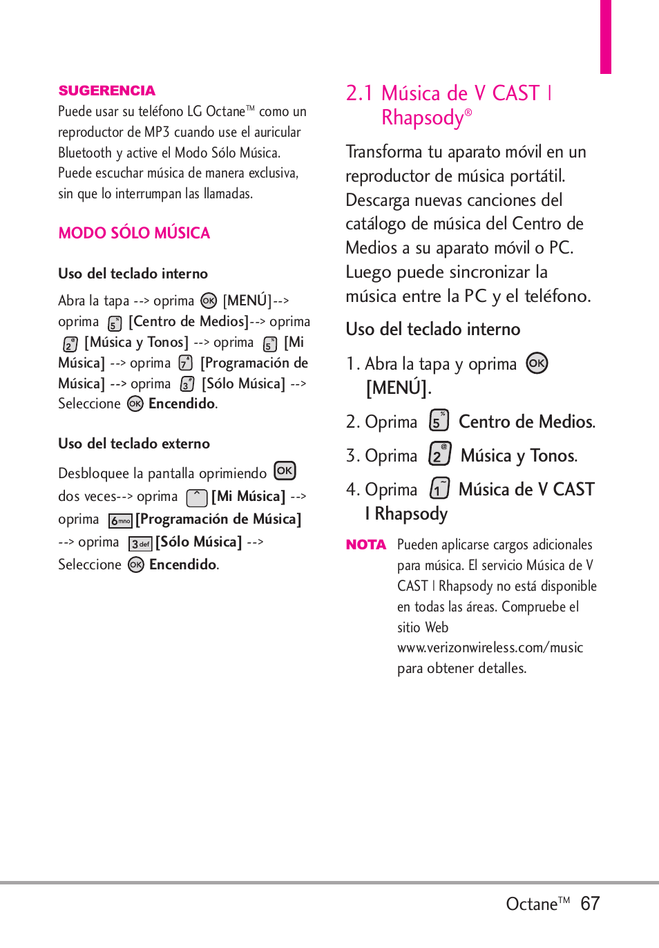 1 música de v cast | rhaps, 1 música de v cast | rhapsody, Uso del teclado interno | Menú, Centro de medios, Música y tonos, Música de v cast i rhapsody | LG Octane VN530 User Manual | Page 233 / 345