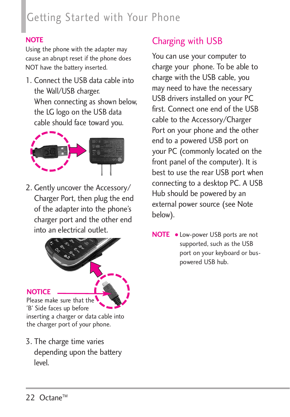 Charging with usb, Getting started with your phone | LG Octane VN530 User Manual | Page 24 / 345