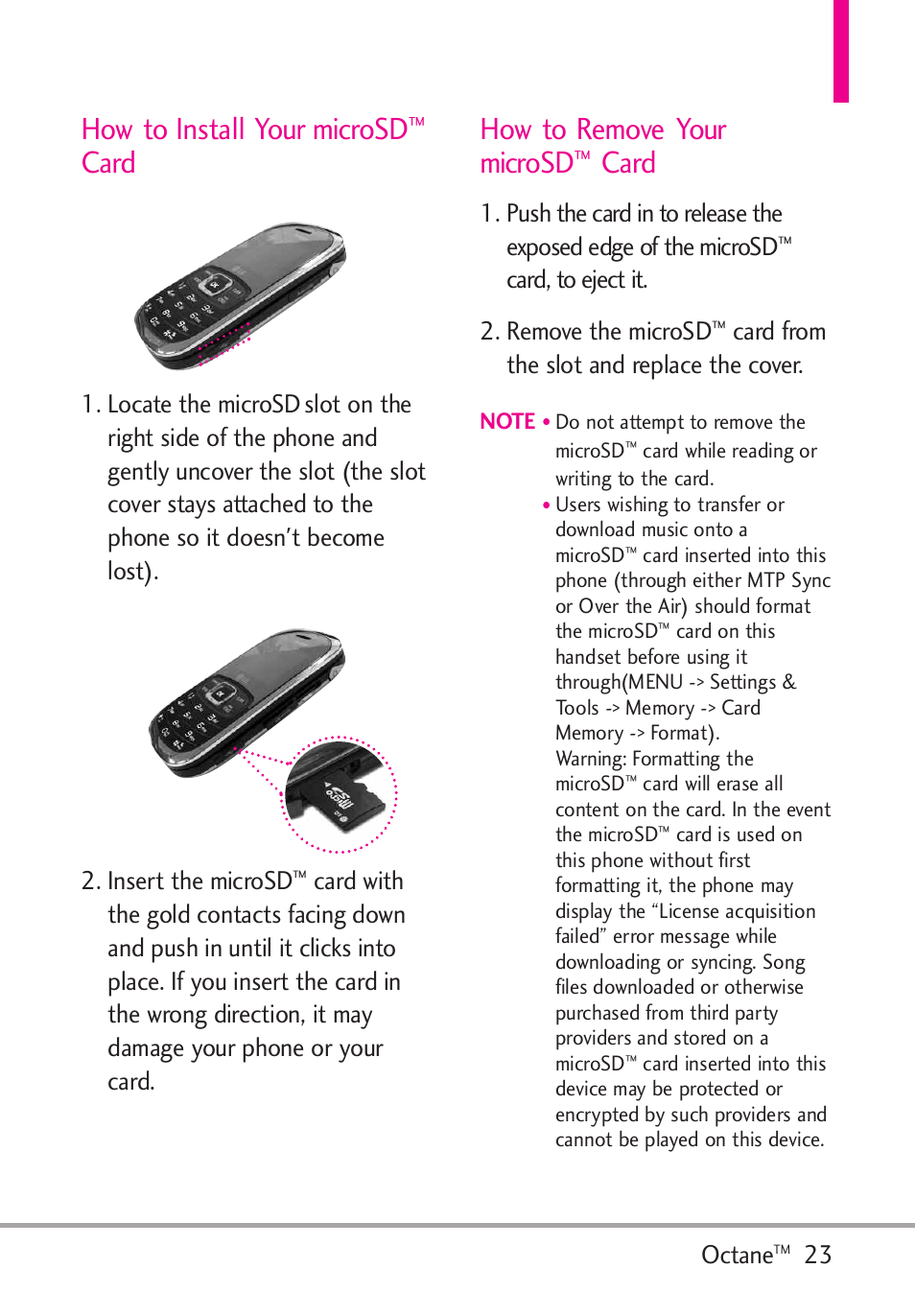 How to install your microsd, How to remove your microsd, Card | Octane, Card, to eject it. 2. remove the microsd, Card from the slot and replace the cover | LG Octane VN530 User Manual | Page 25 / 345