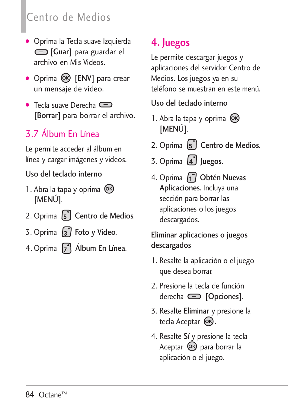 7 álbum en línea, Juegos, Centro de medios | LG Octane VN530 User Manual | Page 250 / 345