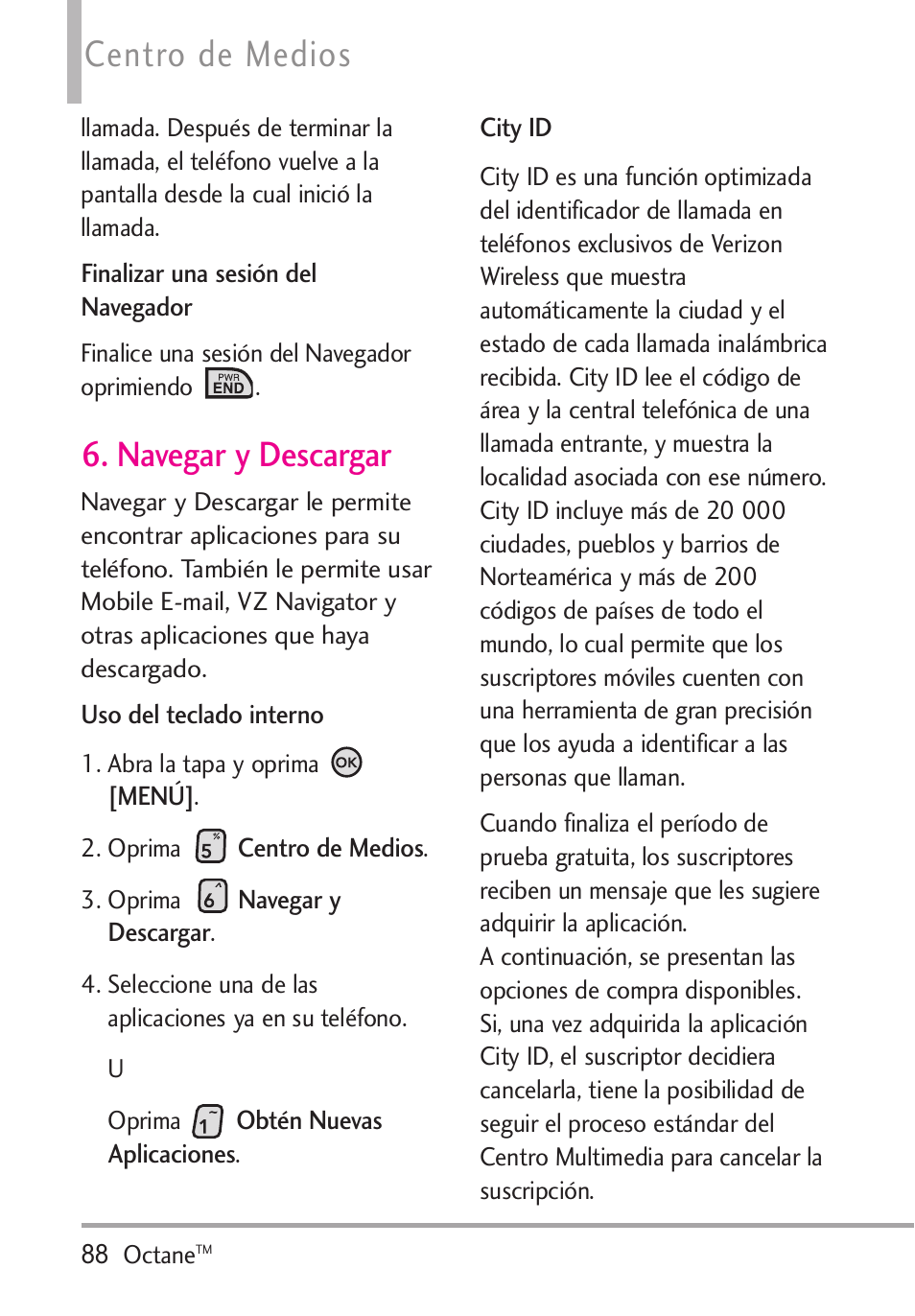 Navegar y descargar, Centro de medios | LG Octane VN530 User Manual | Page 254 / 345