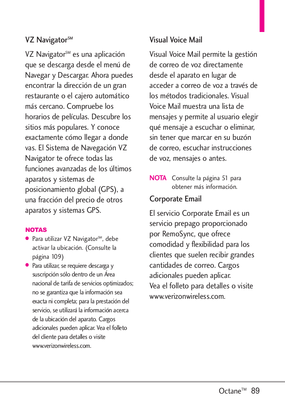 Vz navigator, Visual voice mail, Corporate email | Octane | LG Octane VN530 User Manual | Page 255 / 345