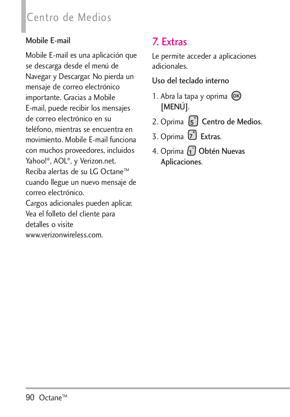 Extras, Centro de medios | LG Octane VN530 User Manual | Page 256 / 345