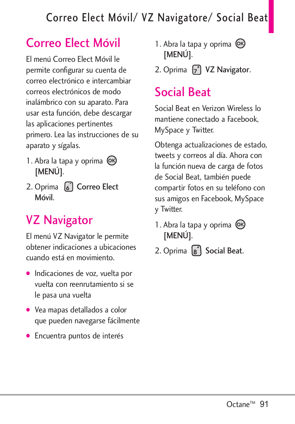 Correo elect móvil, Vz navigator, Social beat | Correo elect móvil/ vz navigatore/ social beat | LG Octane VN530 User Manual | Page 257 / 345