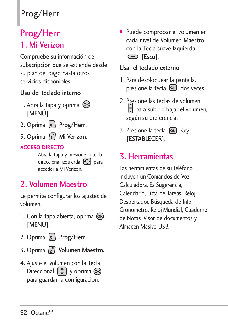 Prog/herr, Mi verizon, Volumen maestro | Herramientas, Mi verizon 2. volumen maestro 3. herramientas | LG Octane VN530 User Manual | Page 258 / 345