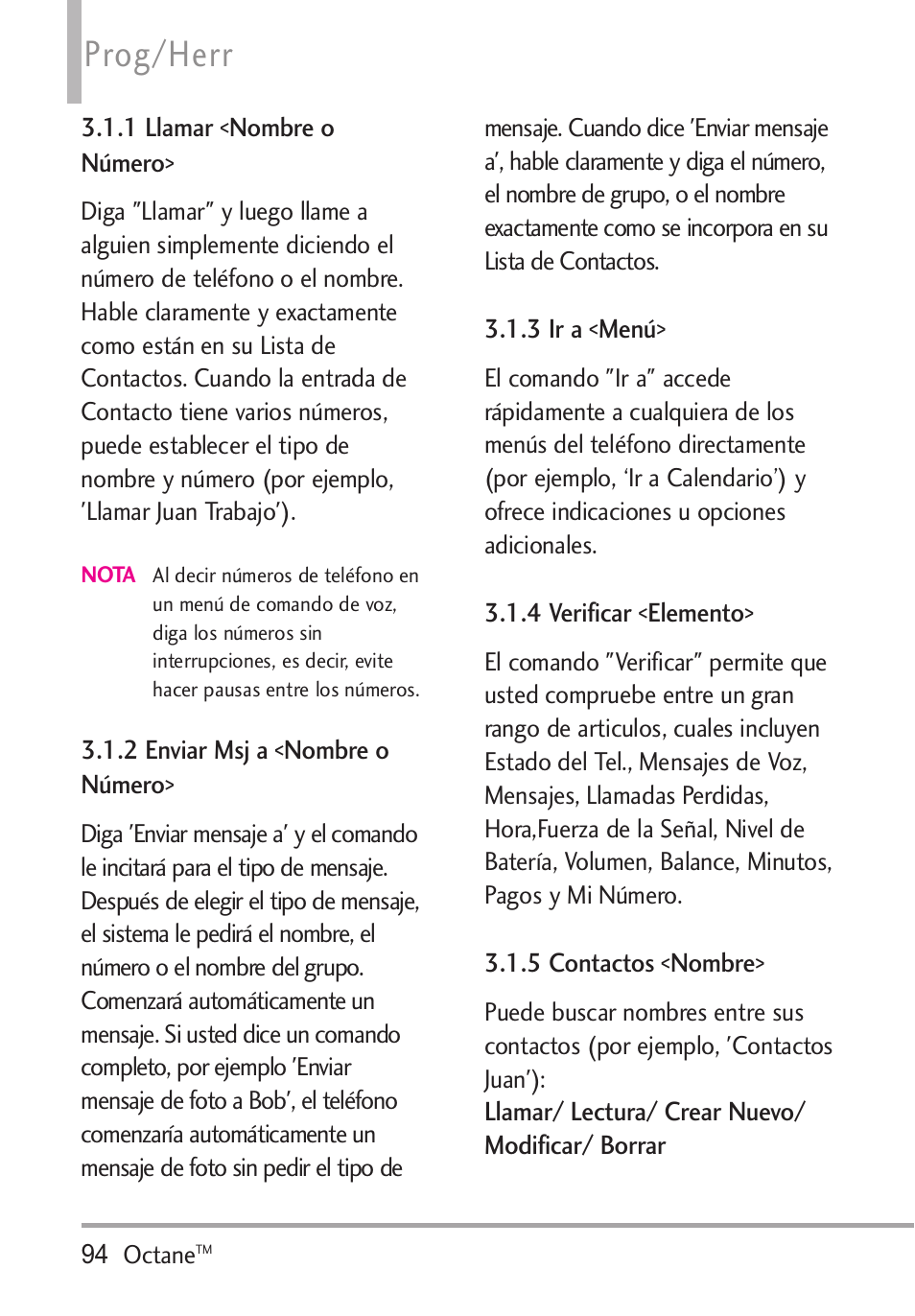 1 llamar <nombre o número, 2 enviar msj a <nombre, 3 ir a <menú | 4 verificar <elemento, 5 contactos <nombre, Número, Prog/herr | LG Octane VN530 User Manual | Page 260 / 345