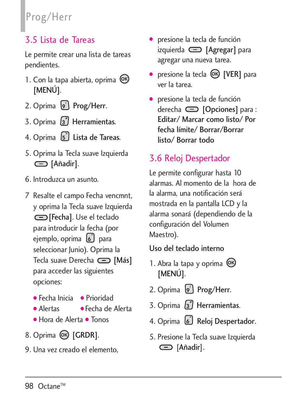 5 lista de tareas, 6 reloj despertador, Prog/herr | LG Octane VN530 User Manual | Page 264 / 345