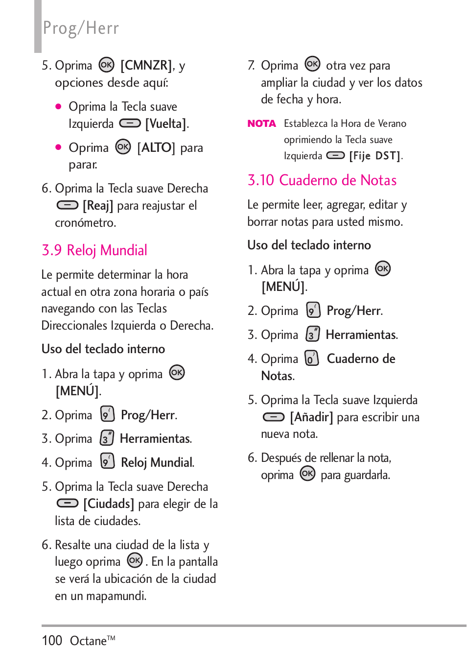 9 reloj mundial, 10 cuaderno de notas, Prog/herr | LG Octane VN530 User Manual | Page 266 / 345