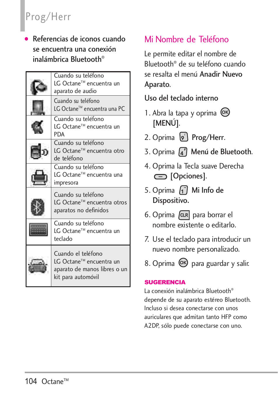 Prog/herr, Mi nombre de teléfono, Anadir nuevo aparato | Uso del teclado interno, Menú, Menú de bluetooth, Opciones, Mi info de dispositivo, 104 octane, Le permite editar el nombre de bluetooth | LG Octane VN530 User Manual | Page 270 / 345
