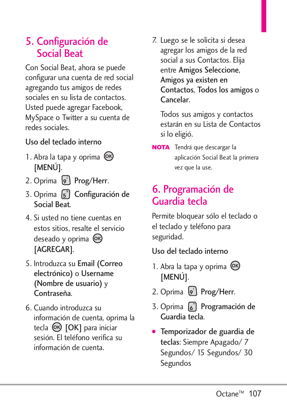 configuración de social, programación de guardia, Configuración de social | Beat, Programación de guardia, Tecla, Configuración de social beat, Programación de guardia tecla | LG Octane VN530 User Manual | Page 273 / 345