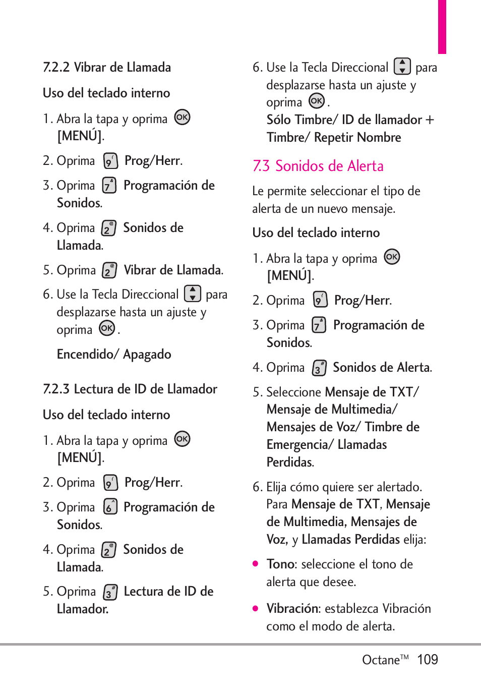 2 vibrar de llamada, 3 lectura de id de llamador, 3 sonidos de alerta | LG Octane VN530 User Manual | Page 275 / 345