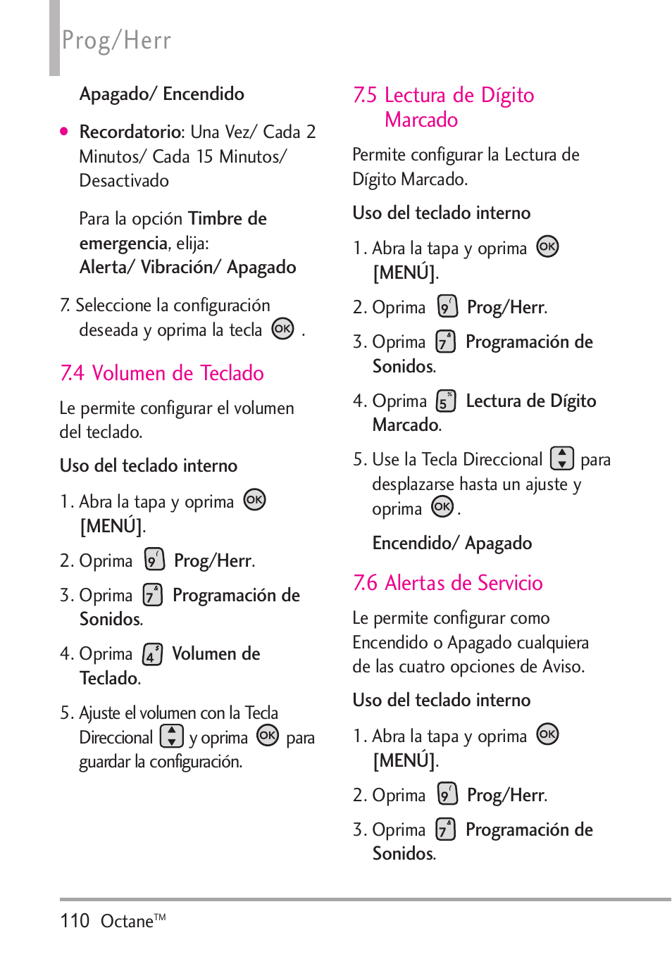 4 volumen de teclado, 5 lectura de dígito marcado, 6 alertas de servicio | Prog/herr | LG Octane VN530 User Manual | Page 276 / 345