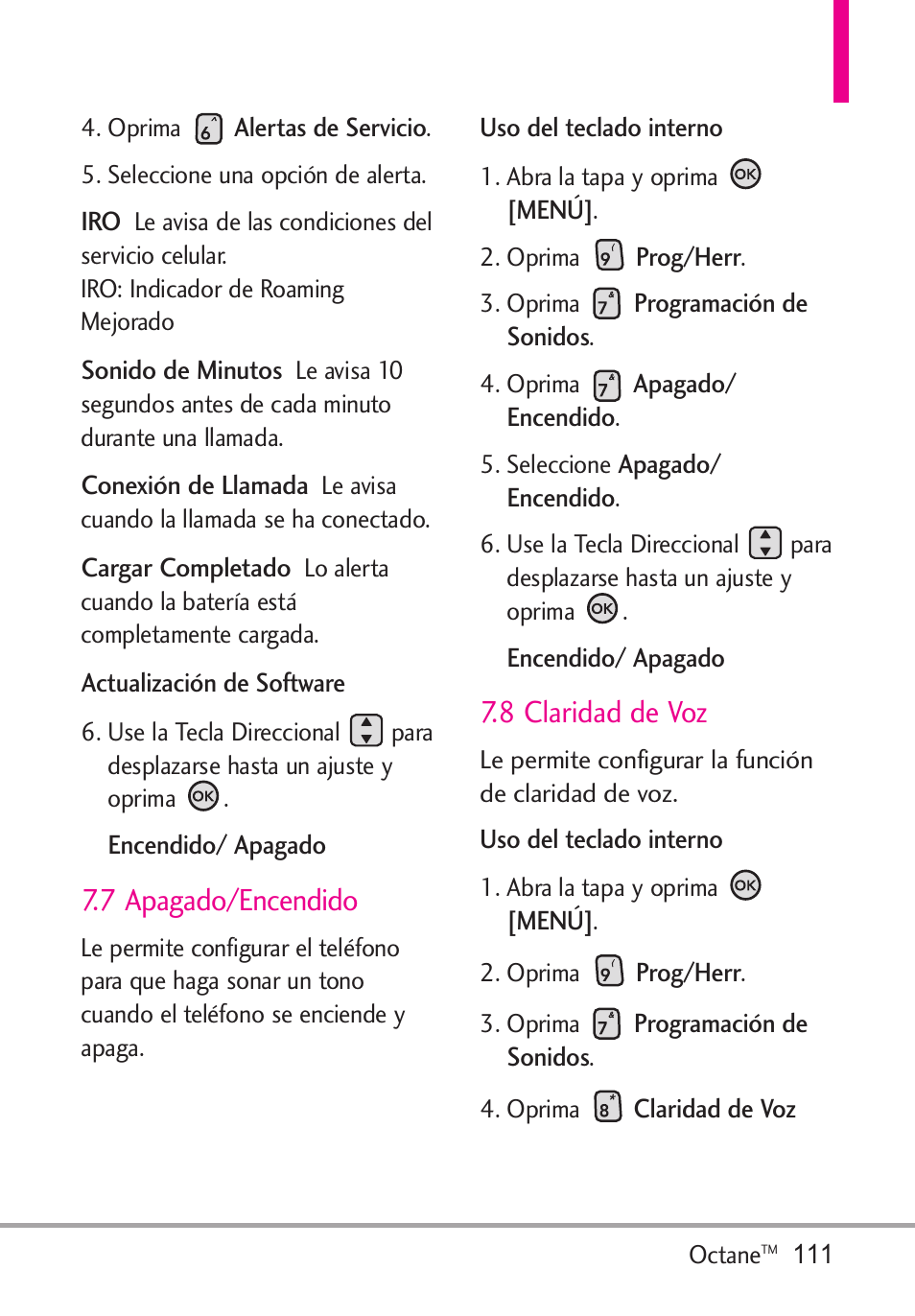 7 apagado/encendido, 8 claridad de voz | LG Octane VN530 User Manual | Page 277 / 345