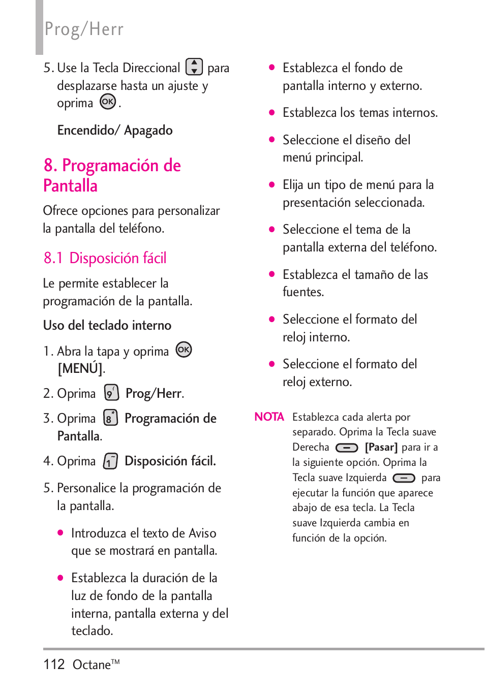 Programación de pantalla, 1 disposición fácil, Prog/herr | LG Octane VN530 User Manual | Page 278 / 345