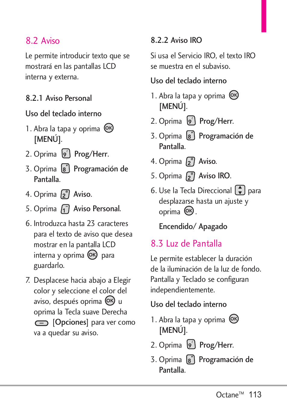 2 aviso, 1 aviso personal, 2 aviso iro | 3 luz de pantalla, 1 aviso personal 8.2.2 aviso iro | LG Octane VN530 User Manual | Page 279 / 345