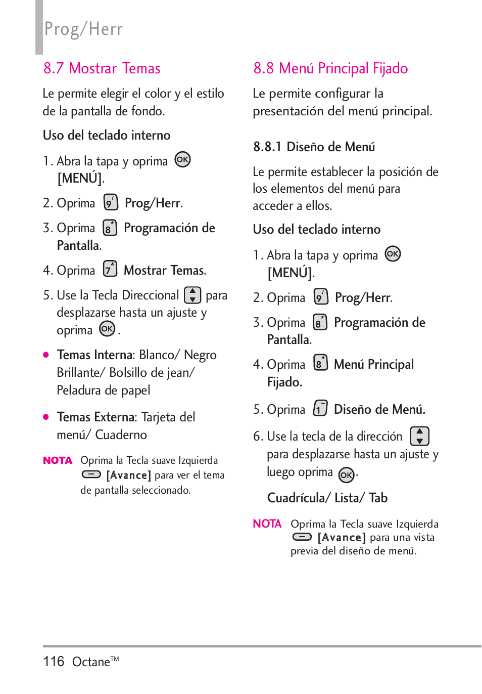7 mostrar temas, 8 menú principal fijado, 1 diseño de menú | Prog/herr | LG Octane VN530 User Manual | Page 282 / 345