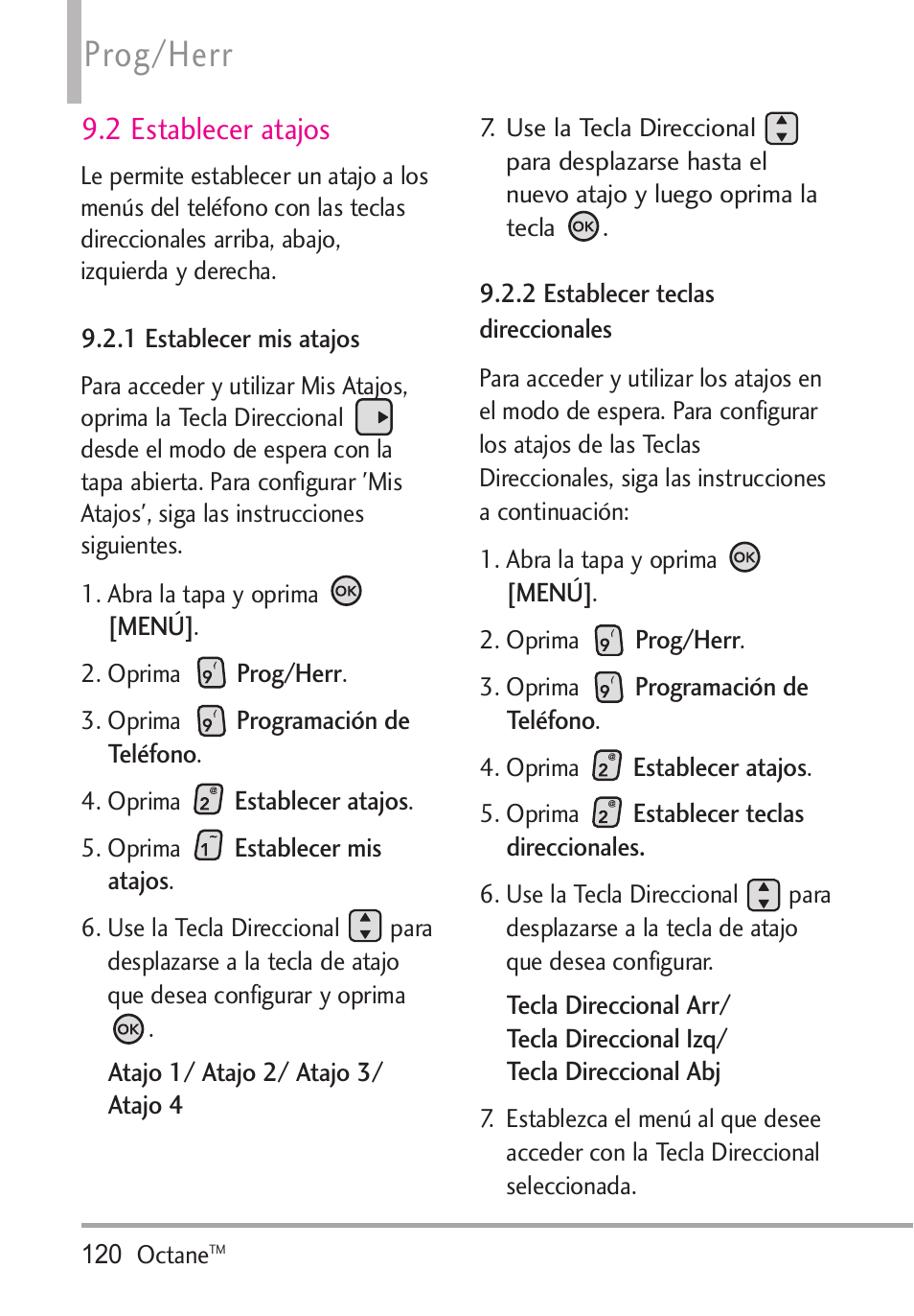 2 establecer atajos, 1 establecer mis atajos, 2 establecer teclas di | 1 establecer mis atajos 9.2.2 establecer teclas, Direccionales, Prog/herr | LG Octane VN530 User Manual | Page 286 / 345
