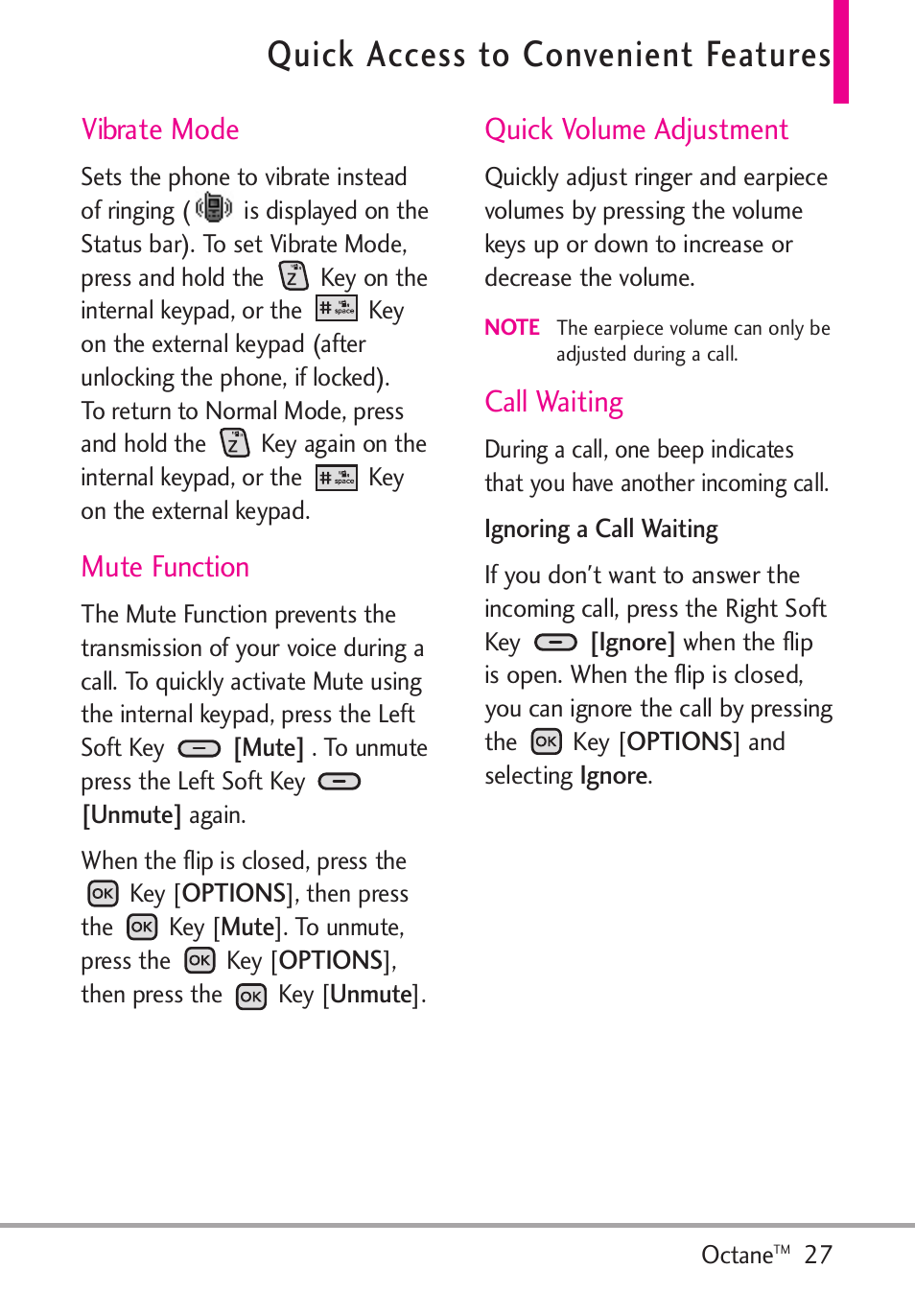 Quick access to convenient f, Vibrate mode, Mute function | Quick volume adjustment, Call waiting, Quick access to convenient features | LG Octane VN530 User Manual | Page 29 / 345