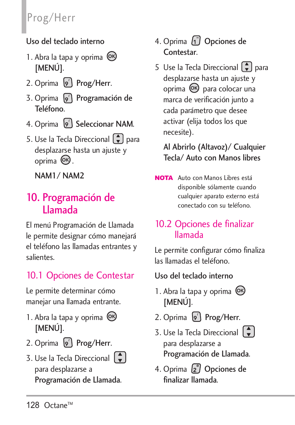 Programación de llamada, 1 opciones de contestar, 2 opciones de finalizar l | Programación de llamada .128, 2 opciones de finalizar llamada, Prog/herr | LG Octane VN530 User Manual | Page 294 / 345