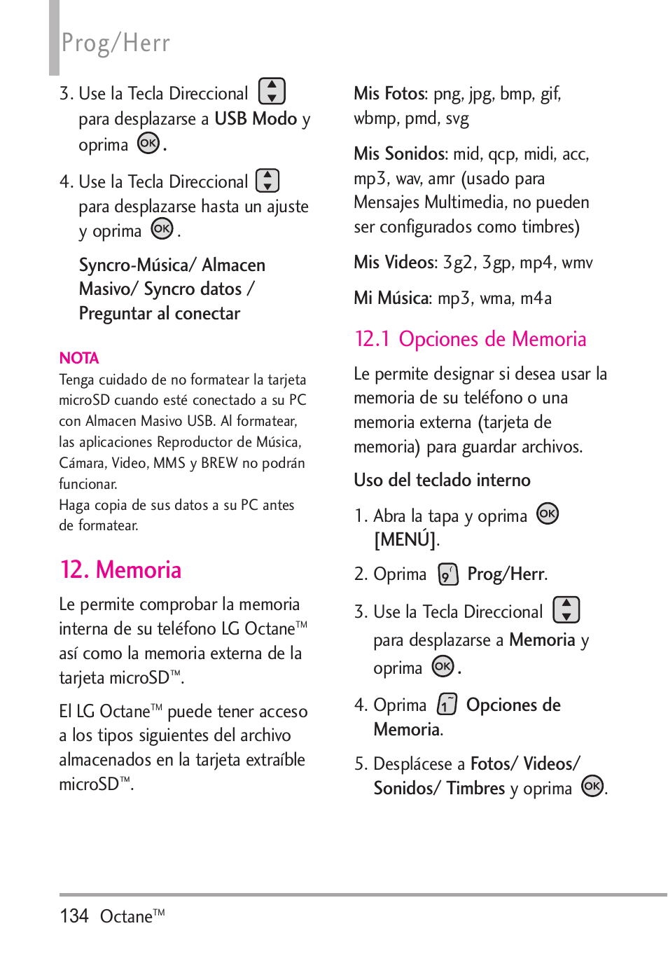 Memoria, 1 opciones de memoria, Prog/herr | LG Octane VN530 User Manual | Page 300 / 345