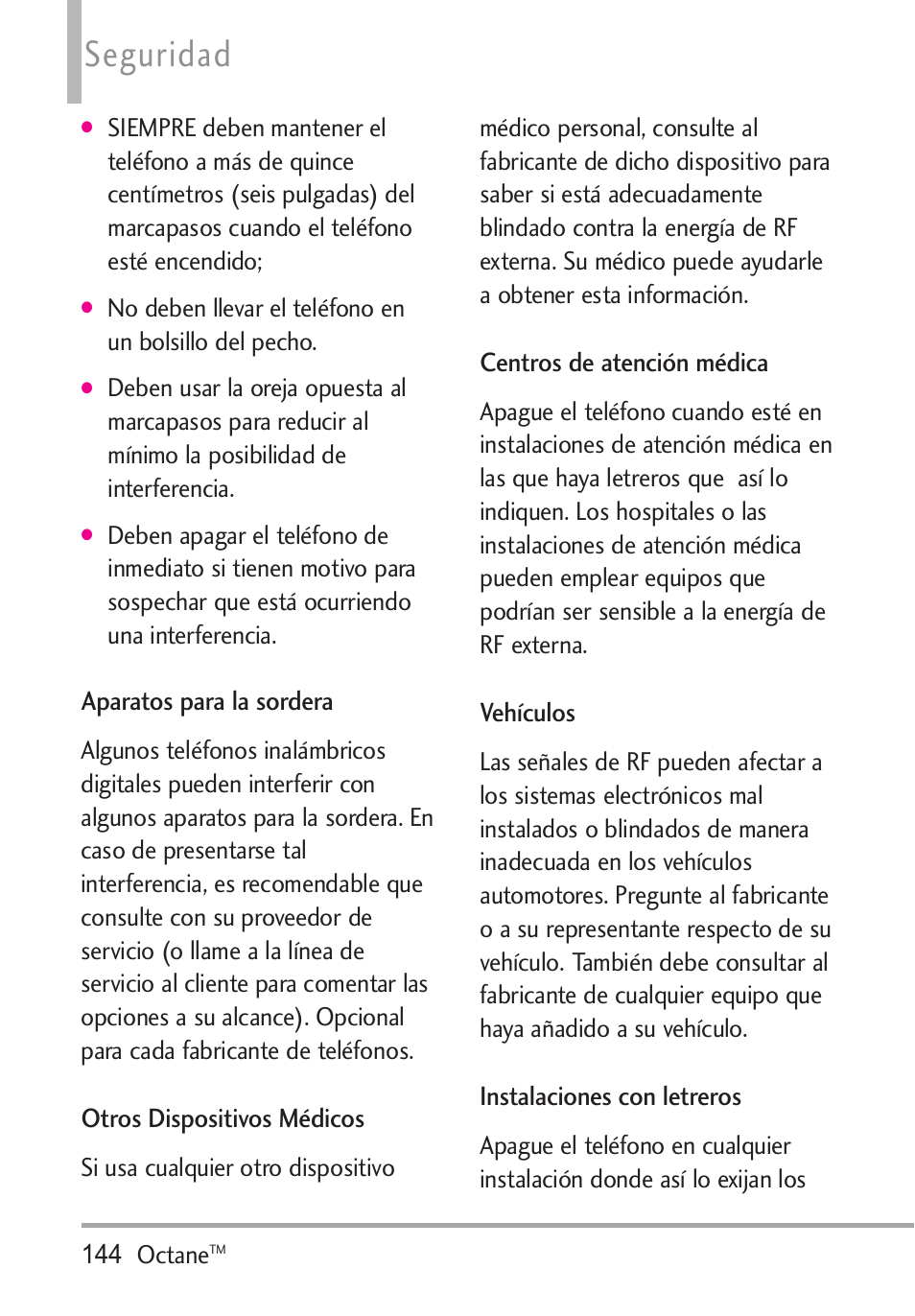 Aparatos para la sordera, Otros dispositivos médicos, Centros de atención médica | Vehículos, Instalaciones con letreros, Seguridad | LG Octane VN530 User Manual | Page 310 / 345