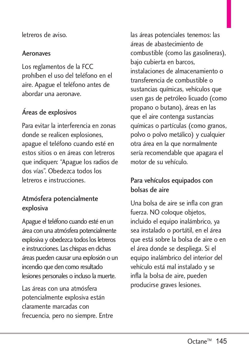 Aeronaves, Áreas de explosivos, Atmósfera potencialmente ex | Para vehículos equipados co | LG Octane VN530 User Manual | Page 311 / 345