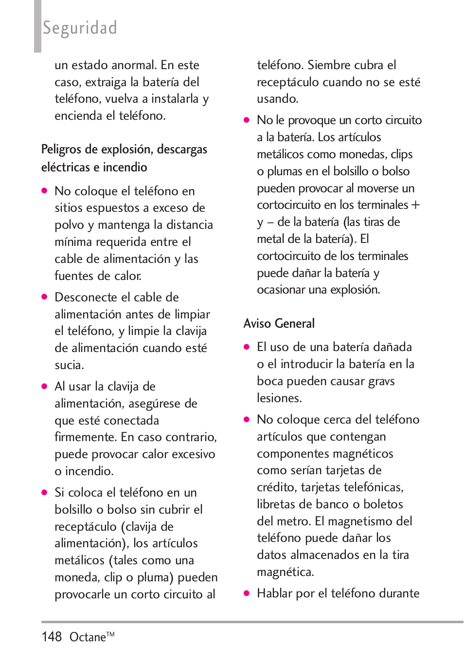 Peligros de explosión, desca, Aviso general, Seguridad | LG Octane VN530 User Manual | Page 314 / 345