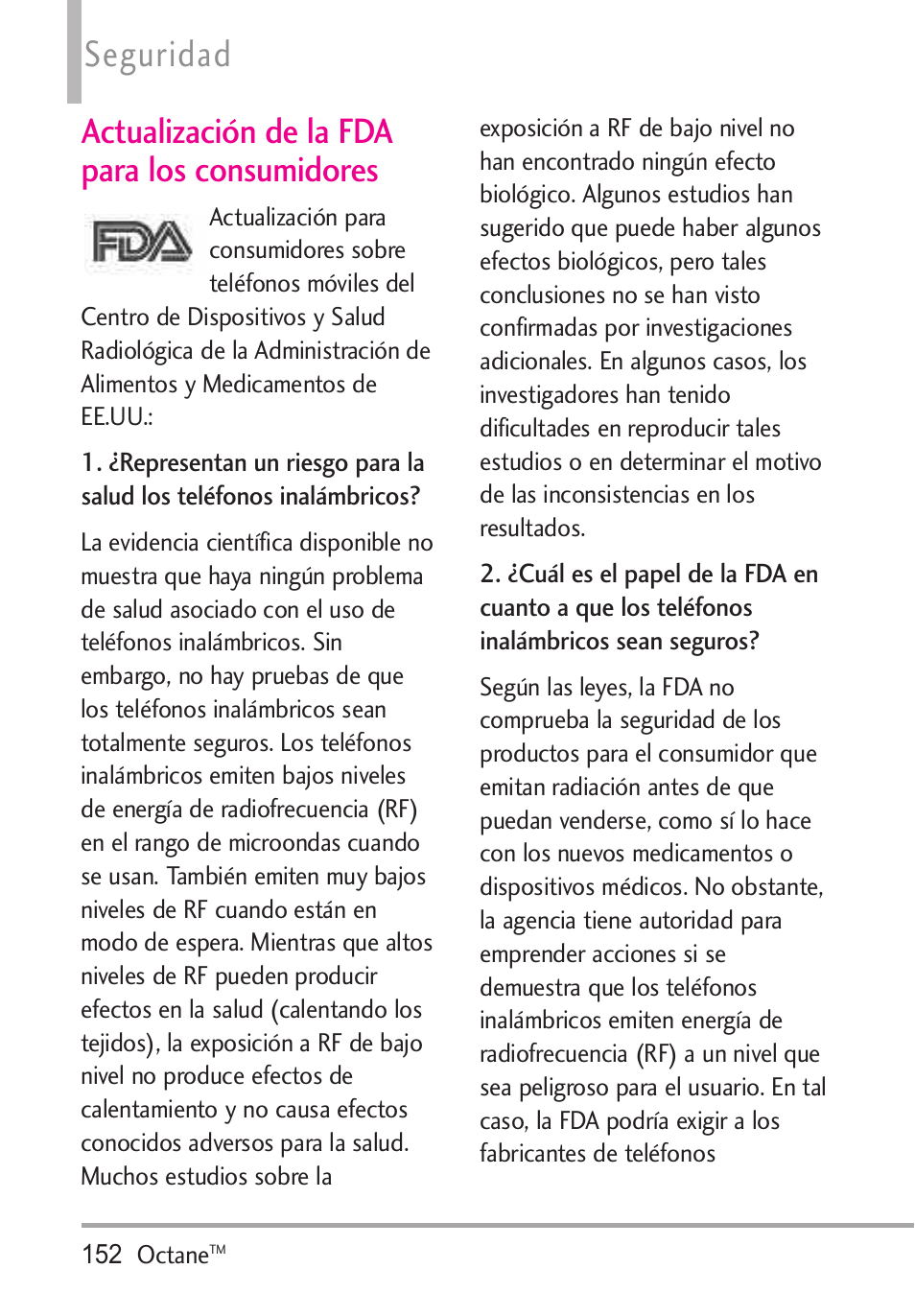 Actualización de la fda para, Actualización de la fda para los consumidores, Seguridad | LG Octane VN530 User Manual | Page 318 / 345