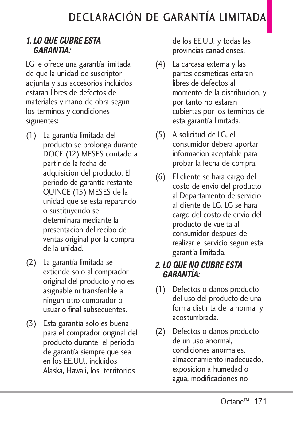 Declaración de garantía limi, Declaración de garantía limitada | LG Octane VN530 User Manual | Page 337 / 345