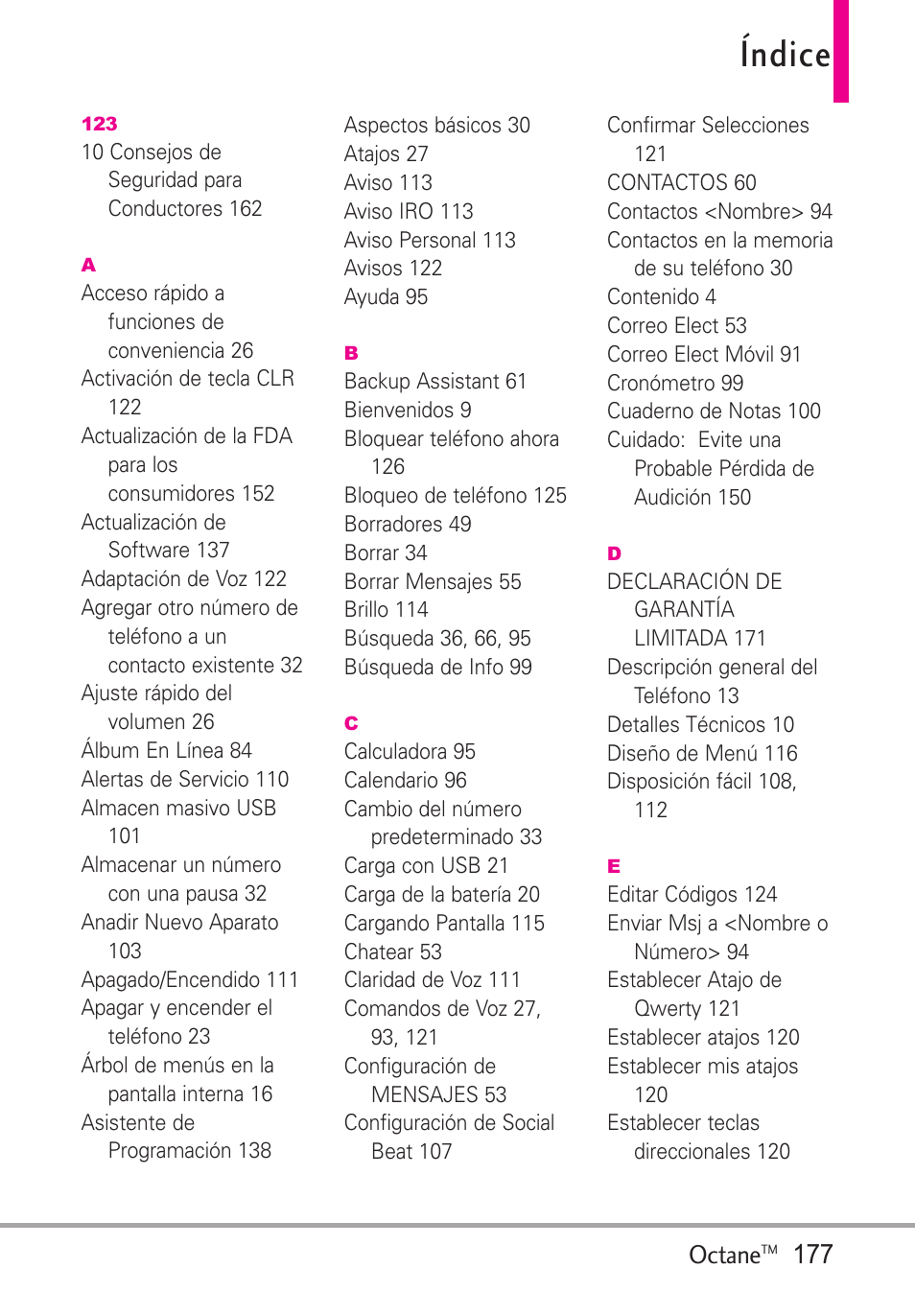 Índice, Octane | LG Octane VN530 User Manual | Page 343 / 345