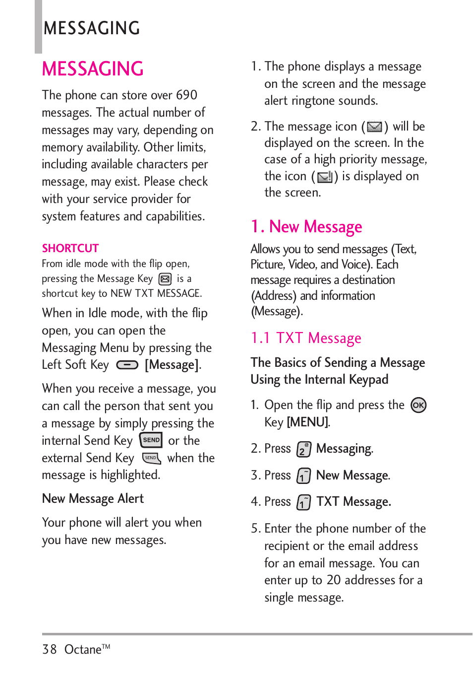 Messaging, New message, 1 txt message | LG Octane VN530 User Manual | Page 40 / 345