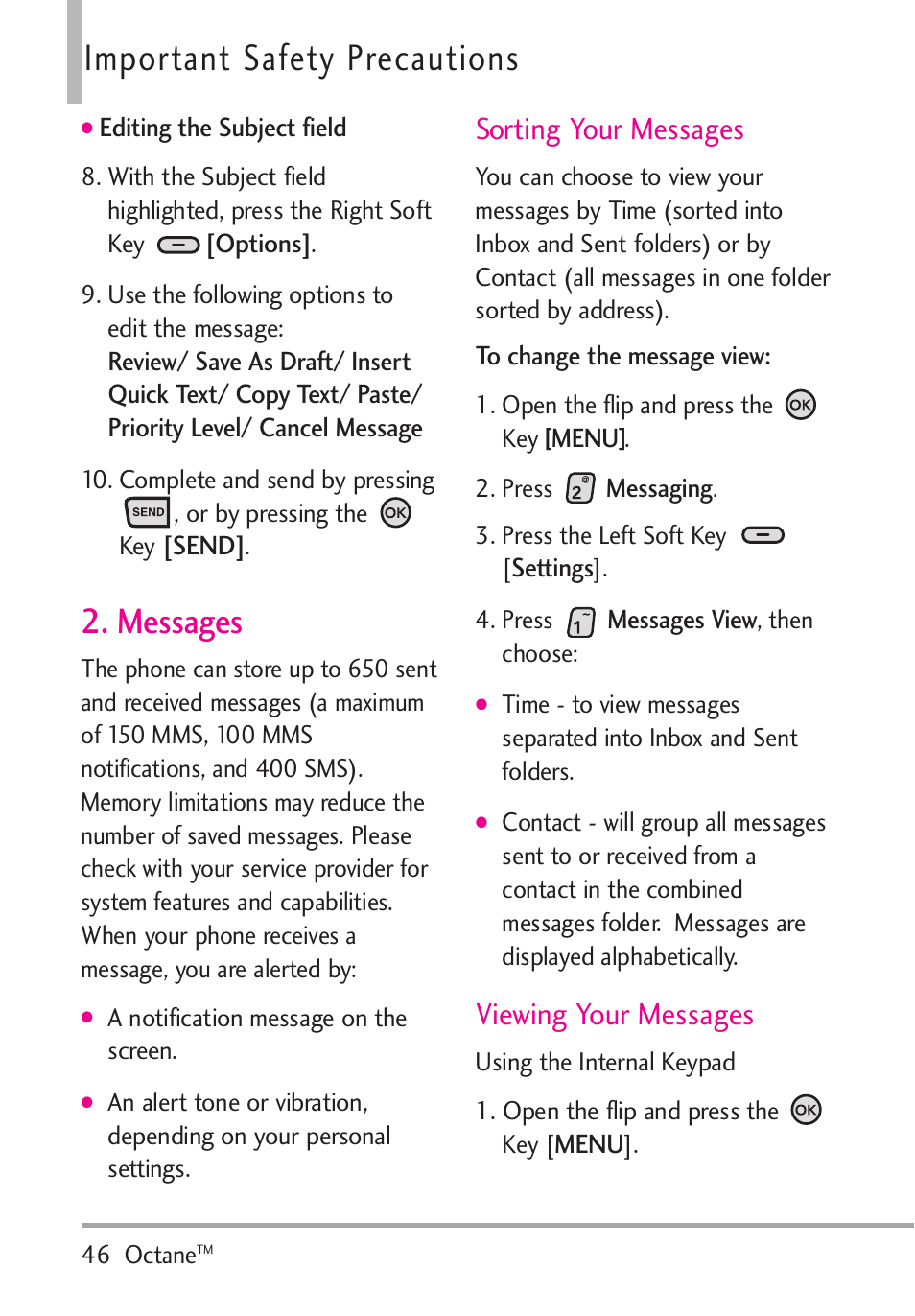 Messages, Important safety precautions, Sorting your messages | Viewing your messages | LG Octane VN530 User Manual | Page 48 / 345