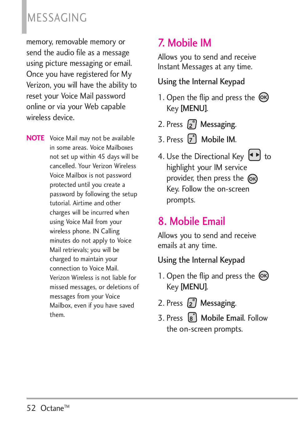 Mobile im, Mobile email, Mobile im 8. mobile email | Messaging | LG Octane VN530 User Manual | Page 54 / 345