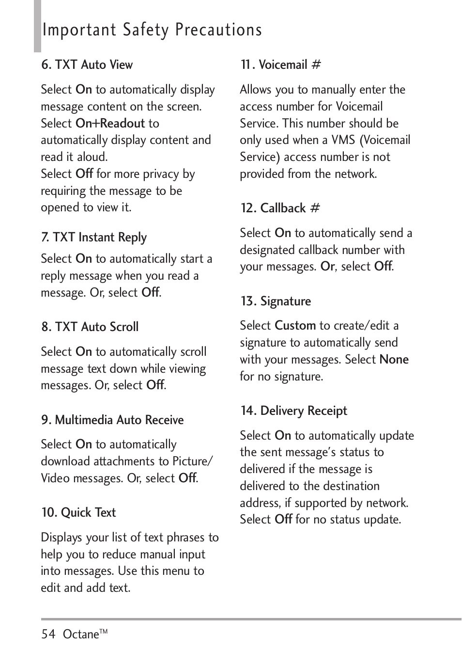 Txt auto view, Txt instant reply, Txt auto scroll | Multimedia auto receive, Quick text, Voicemail, Callback, Signature, Delivery receipt, Important safety precautions | LG Octane VN530 User Manual | Page 56 / 345