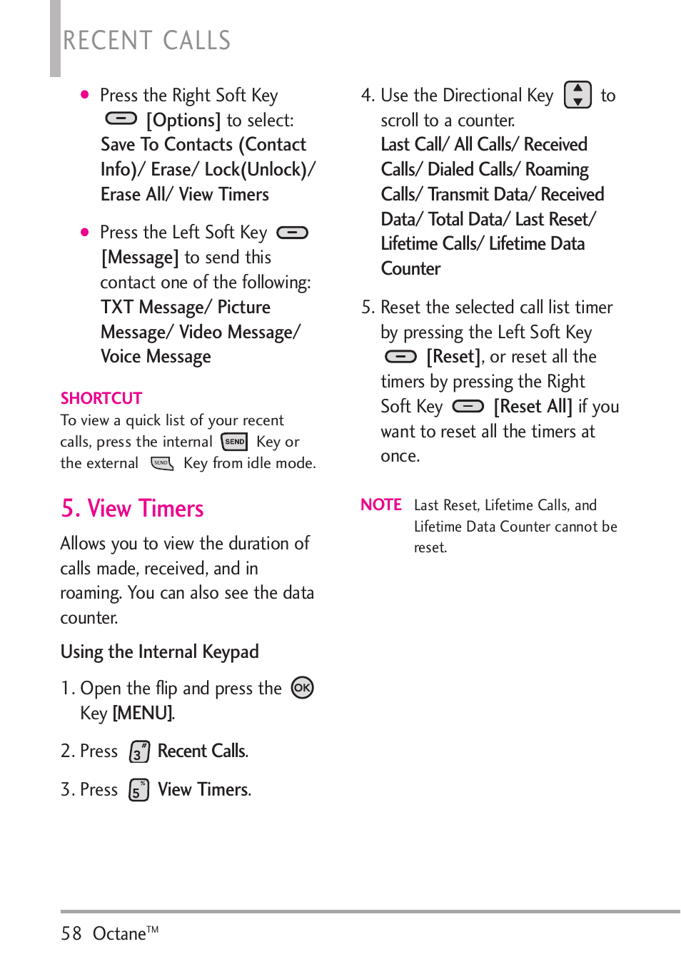 View timers, Recent calls | LG Octane VN530 User Manual | Page 60 / 345
