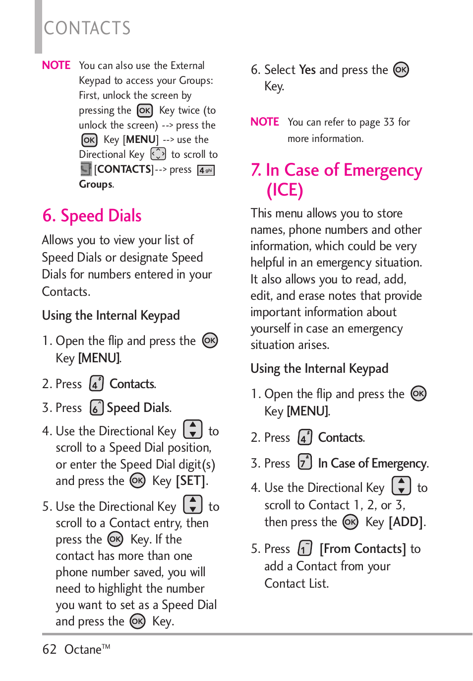 Speed dials, In case of emergency (ice), Speed dials 7. in case of emergency (ice) .62 | Contacts | LG Octane VN530 User Manual | Page 64 / 345