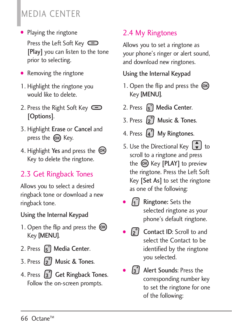 3 get ringback tones, 4 my ringtones, Media center | LG Octane VN530 User Manual | Page 68 / 345