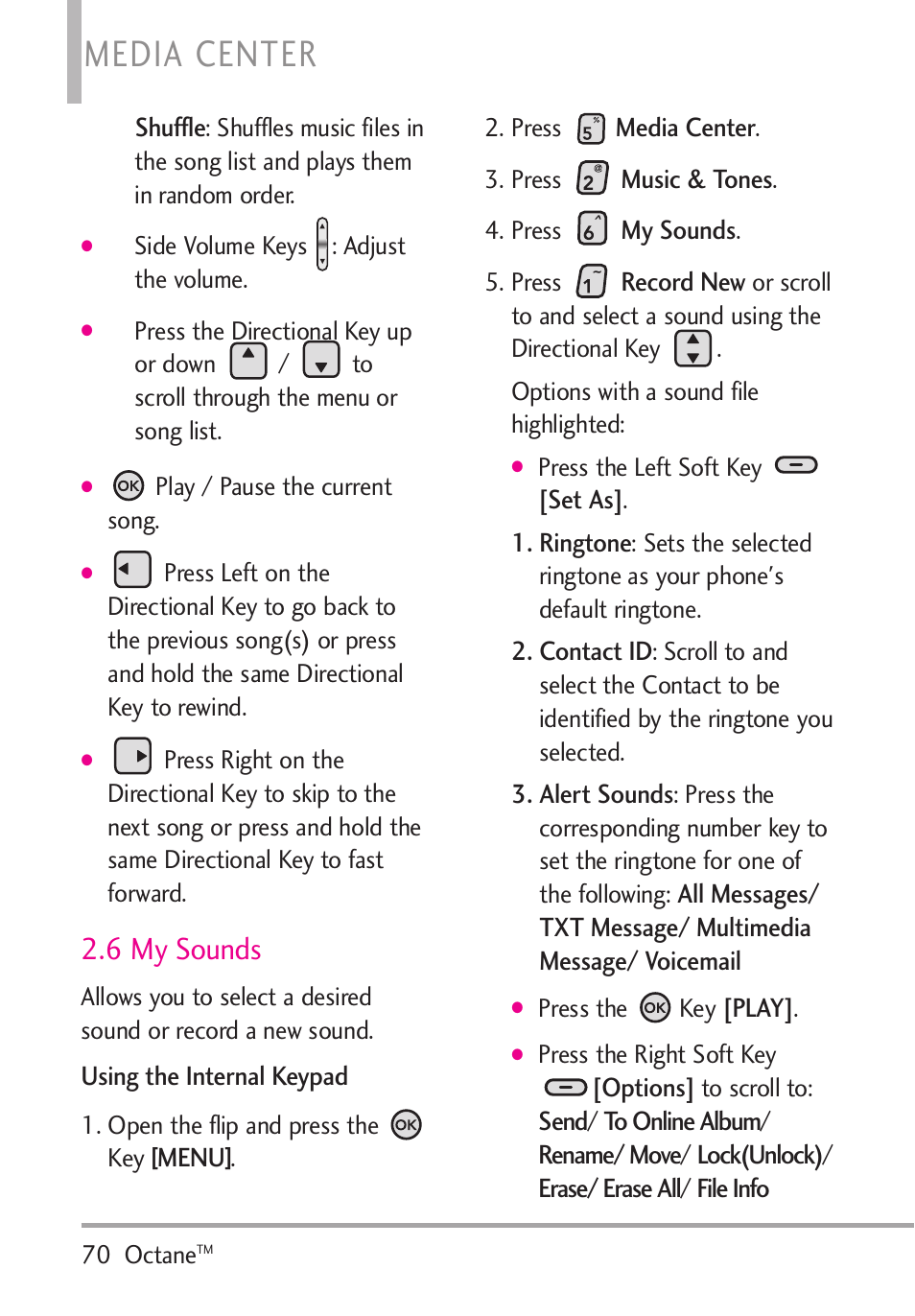6 my sounds, Media center | LG Octane VN530 User Manual | Page 72 / 345